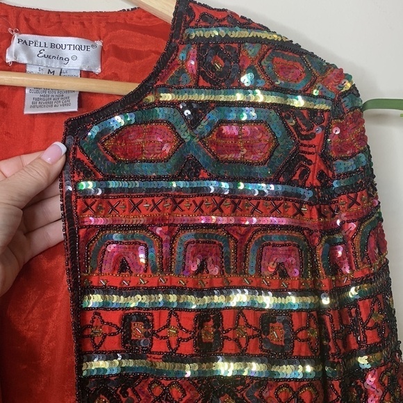 Papell Boutique || Vintage Heavily Beaded Sequin Silk Open Front Top Jacket M - Picture 14 of 17